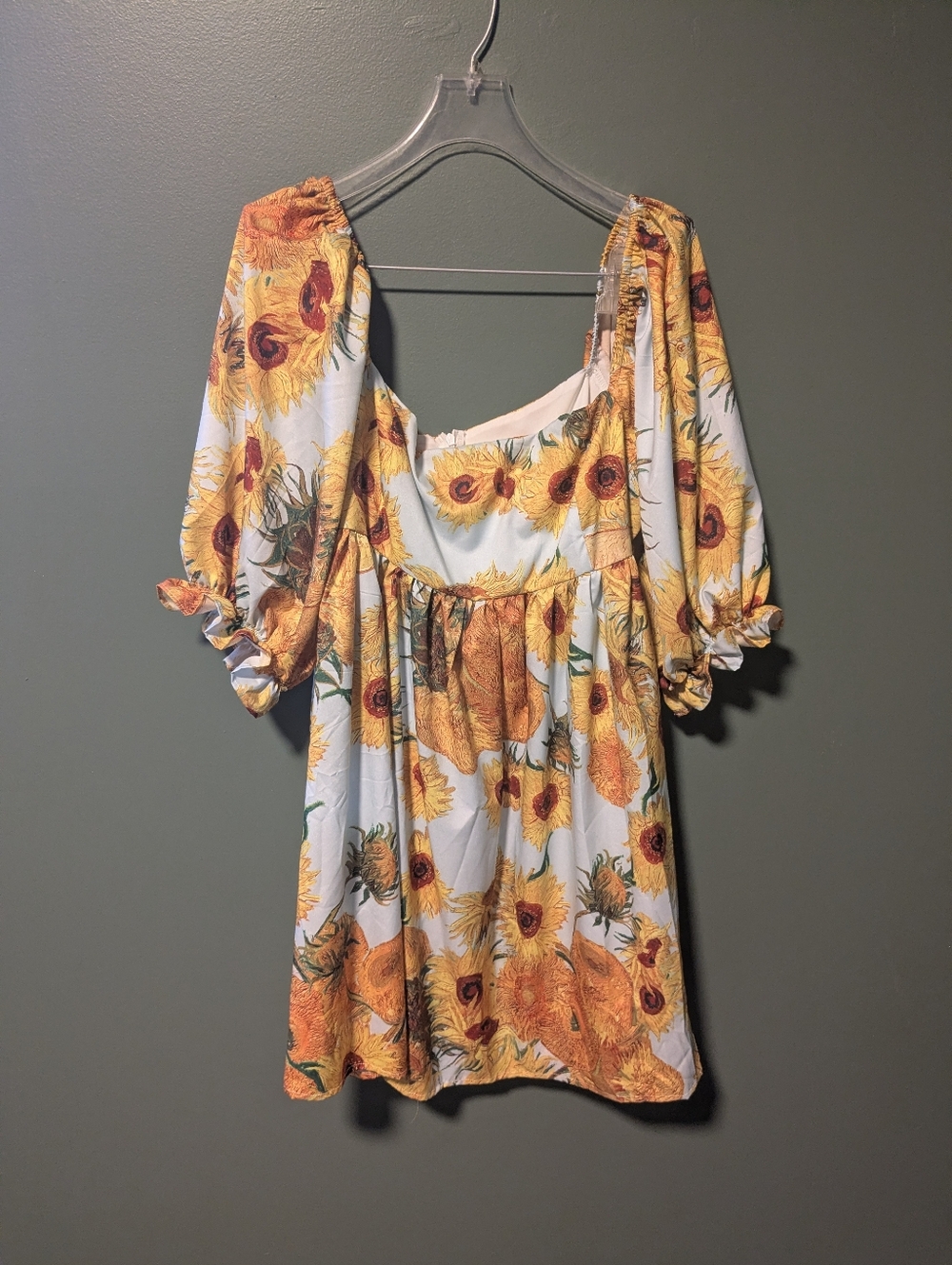 Sunflower Print Puff Sleeve Mini Dress - Yellow & Pale Blue